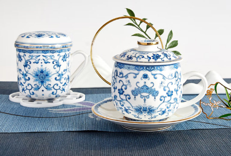 高温釉金边青花骨瓷珐琅茶杯茶具