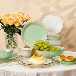 中式浮雕花邊家用陶瓷碗盤餐具套裝批發